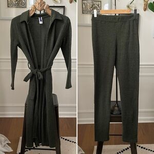 Vintage 90s Fashion Love Dark Green Sweater Pants Duster Cardigan L